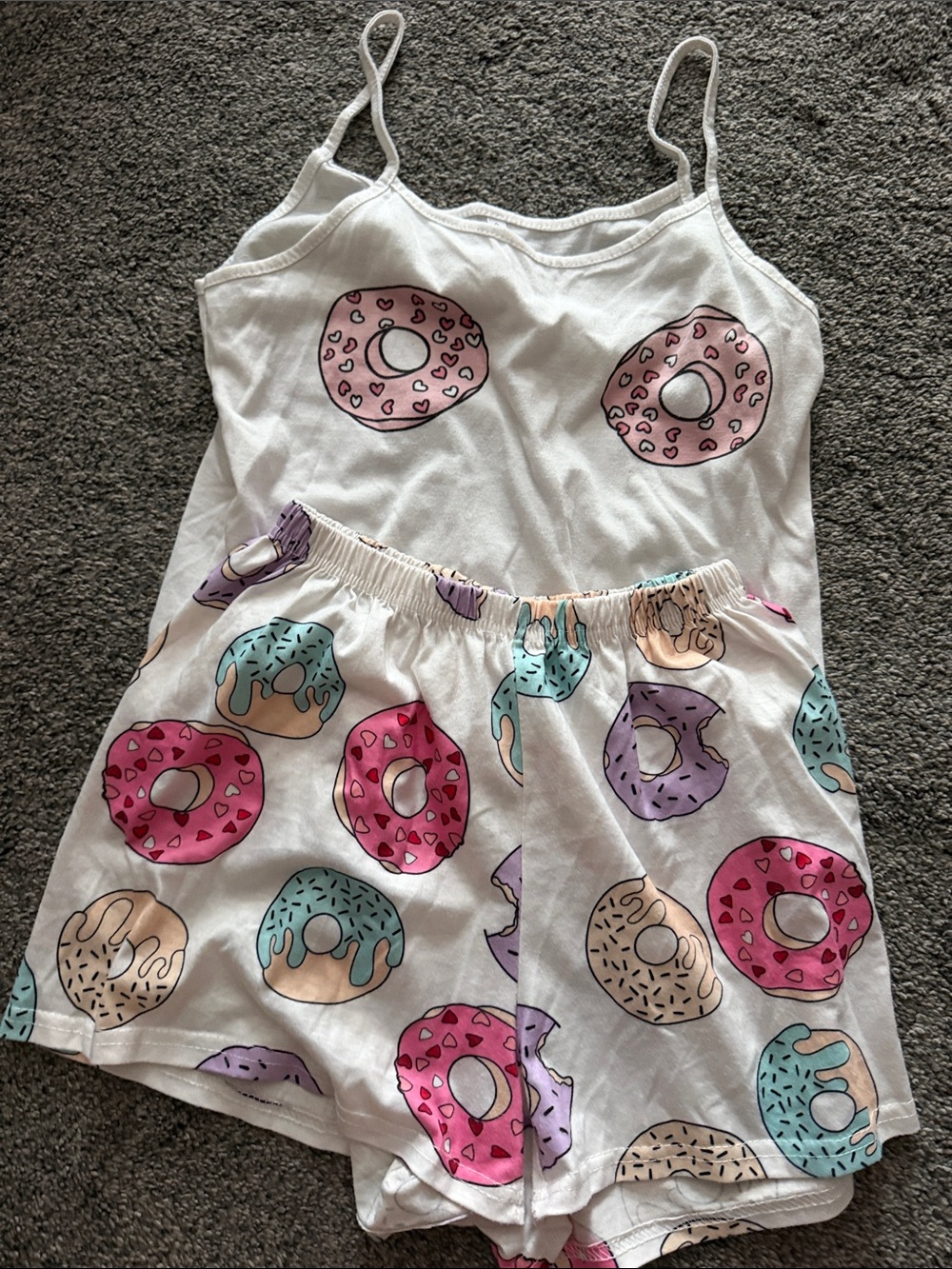 White Donut Print Pajama Set with Pink & Purple Accents
